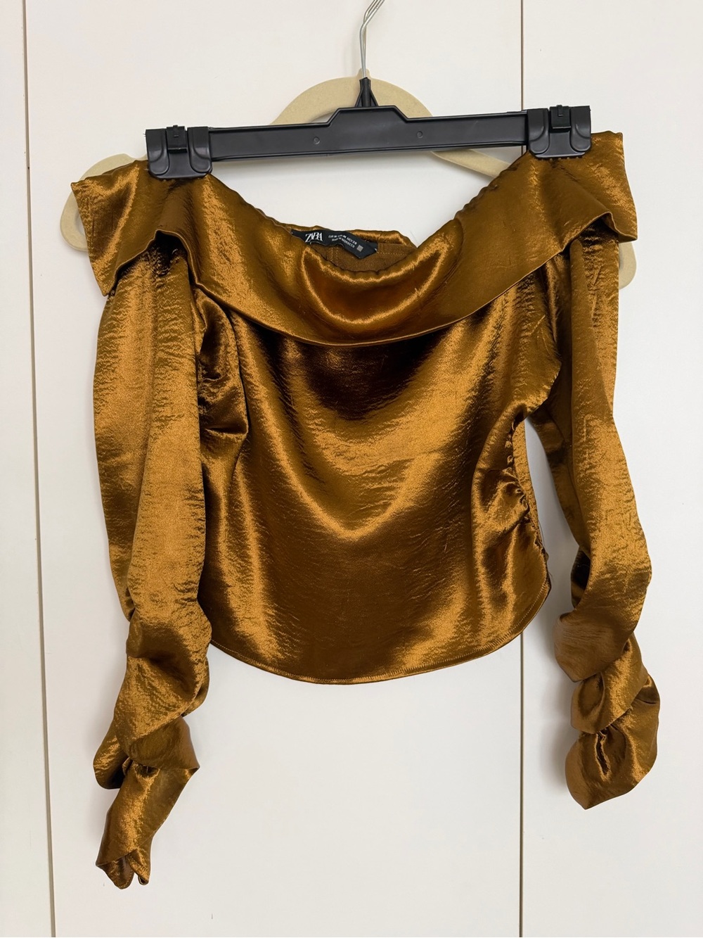 Zara Metallic Off-Shoulder Satin Top in Copper